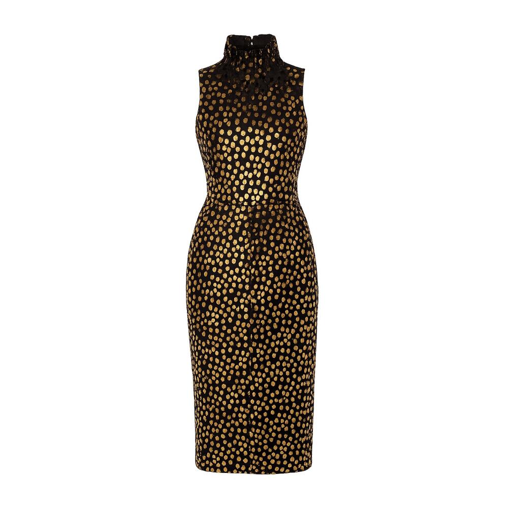 Donna Karan NY Black & Gold Metallic Polka Dot Sheath Dress.  6 Wedding Guest